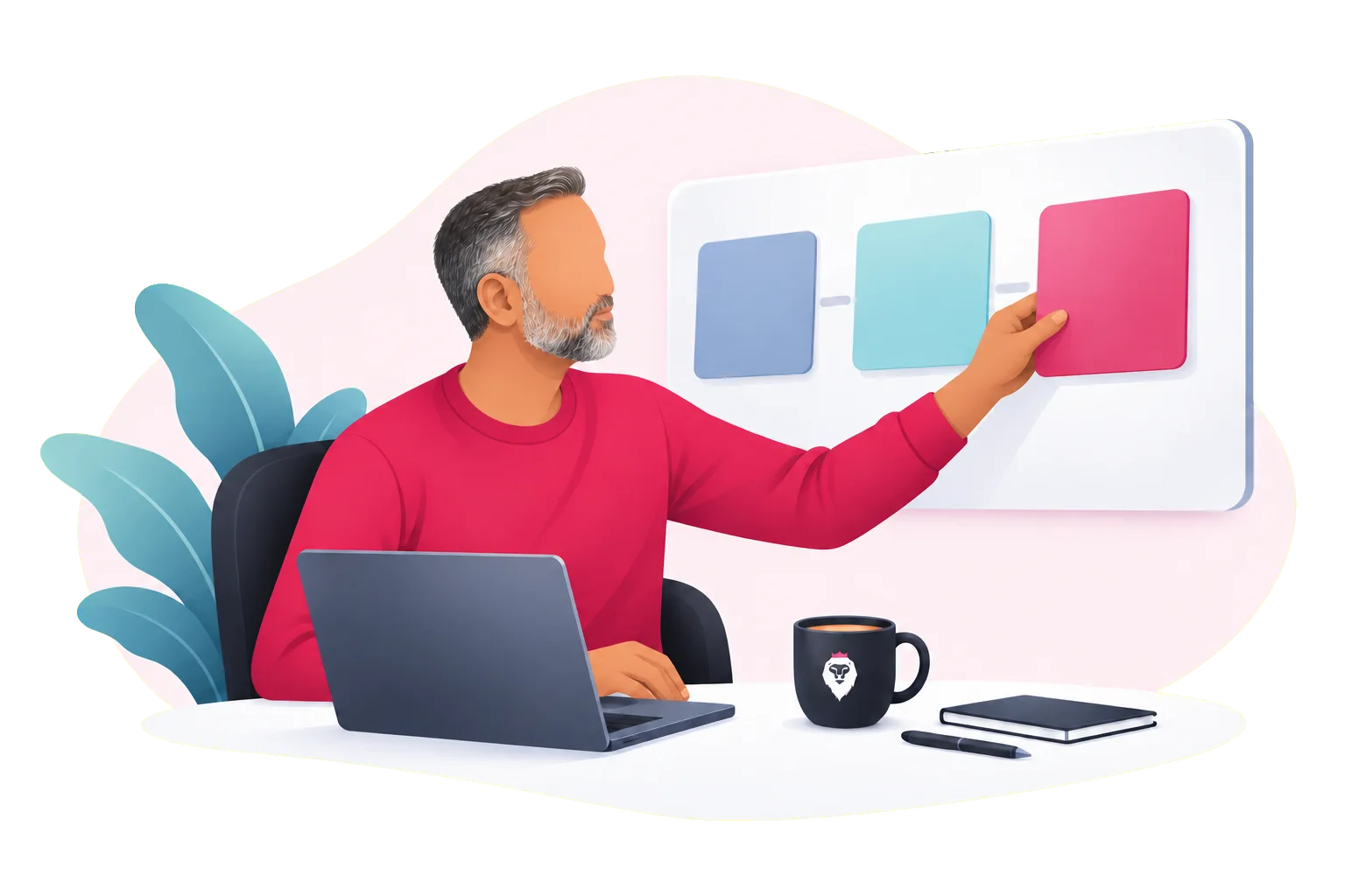 Een online strateeg ordent doelen, acties en meetpunten in een 90-dagenplan.