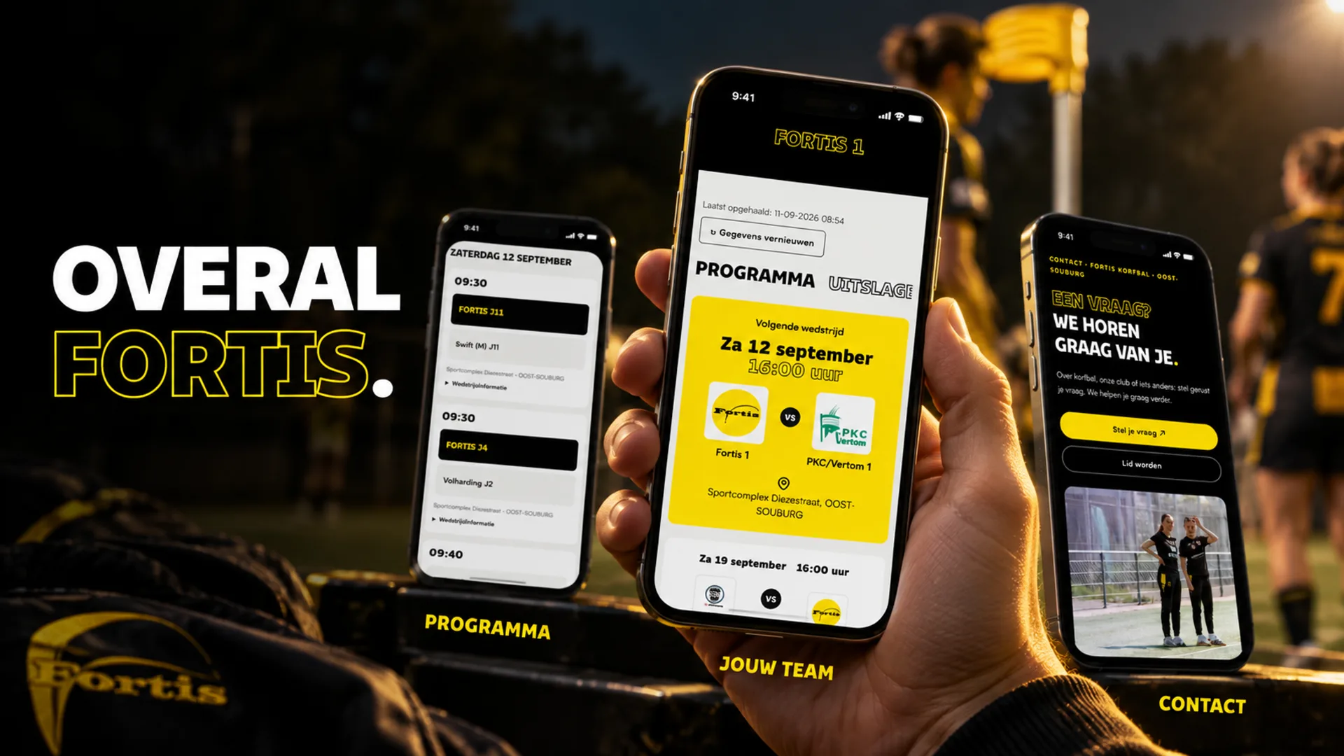 Mobiele routes voor programma, team en contact bij Fortis Korfbal