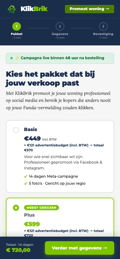 Het live bestelproces van KlikBrik op een smartphone