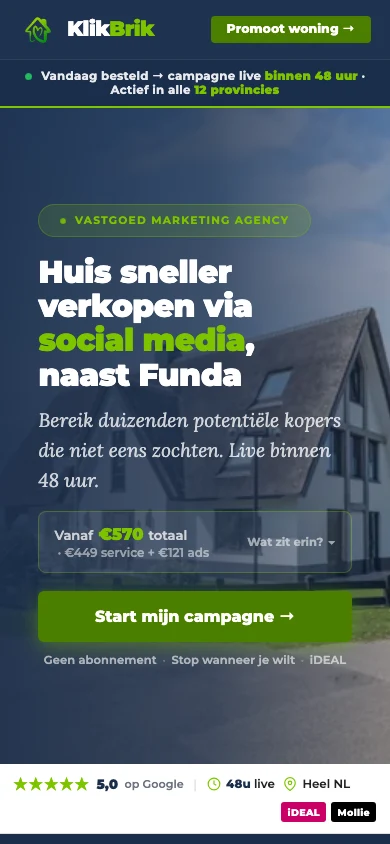 De live homepage van KlikBrik op een smartphone