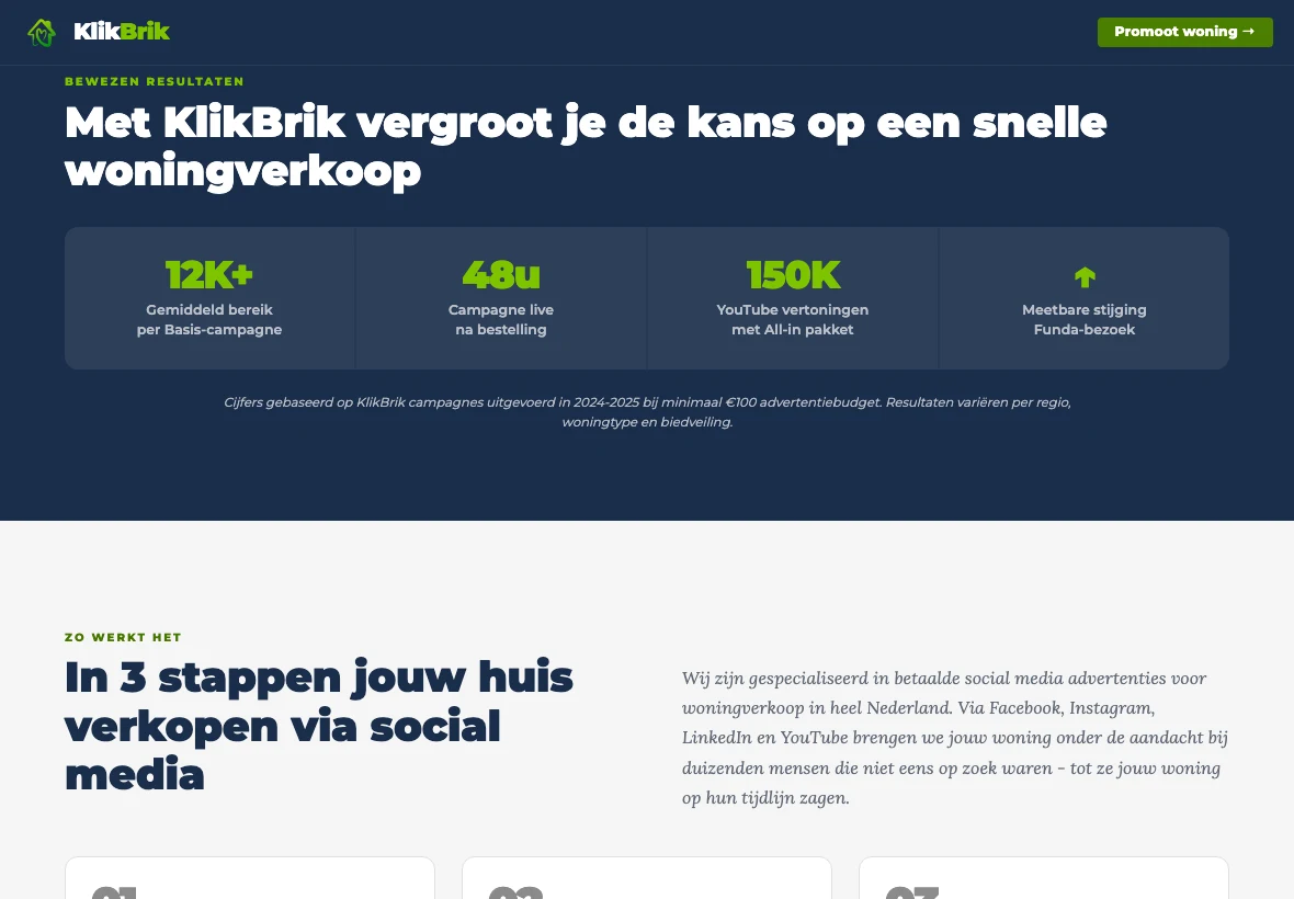 De live resultatensectie van KlikBrik in een browservenster