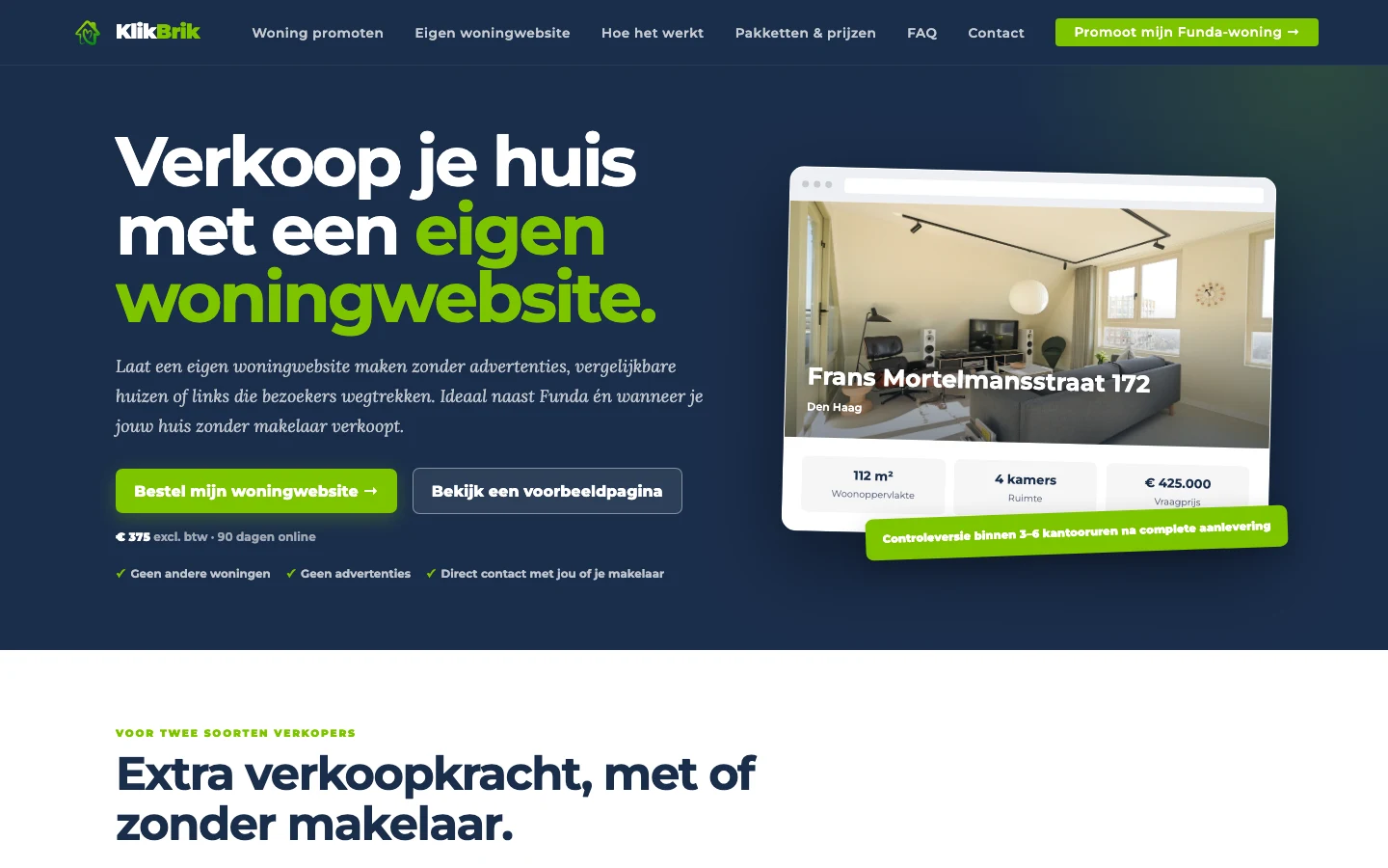 De live KlikBrik-pagina voor een eigen woningwebsite op een laptop